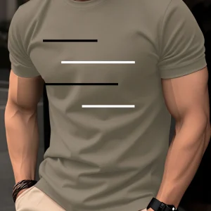 Men's summer 100% pure cotton casual loose black and white lines simple geometric pattern round neck short sleeved T-shirt