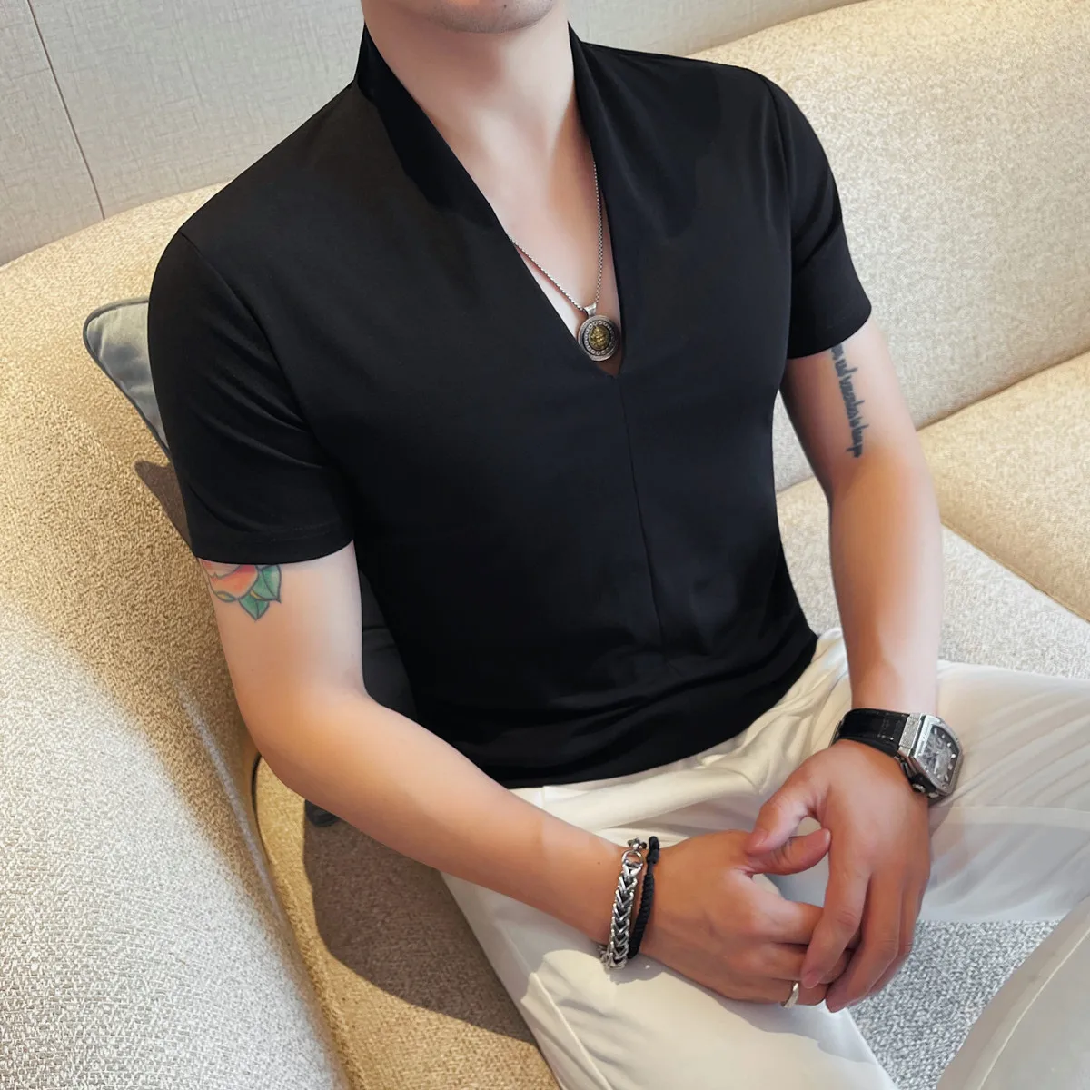 Summer Men's T Shirts Fashion Sexy V Neck Short Sleeve T-Shirt Man Clothing 2025 Slim Fit Casual Tops Tee Shirt Homme Plus Size - Image 2