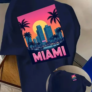 Miami City Sunset Skyline Print on Premium Soft 100% Cotton Mens T Shirt Perfect for Summer Casual Vacation Streetwear Style