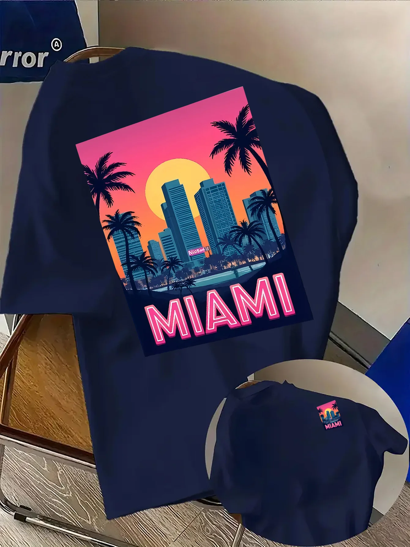 Miami City Sunset Skyline Print on Premium Soft 100% Cotton Mens T Shirt Perfect for Summer Casual Vacation Streetwear Style
