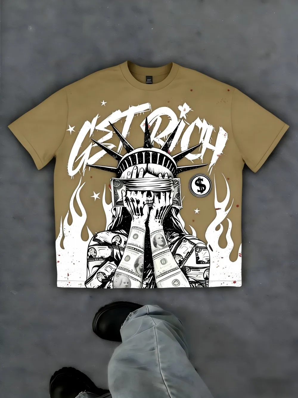 European and American men's summer Statue of Liberty letter print soft and breathable round neck T-shirt outdoor street top - Image 5