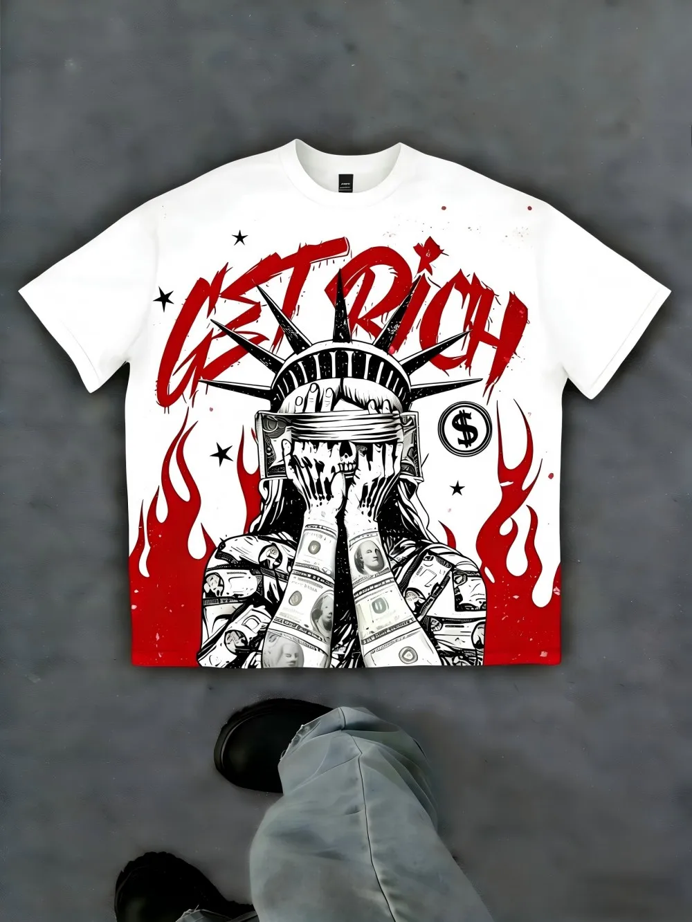 European and American men's summer Statue of Liberty letter print soft and breathable round neck T-shirt outdoor street top