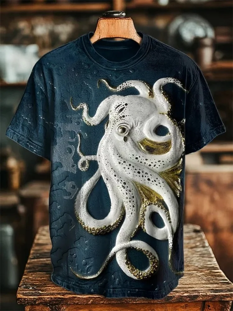 Men's Octopus 3D Art Print T-Shirt Korean Japanese Fashion Short Sleeve O-Neck Tees Holiday 2025 New Hot Woven Man Clothes