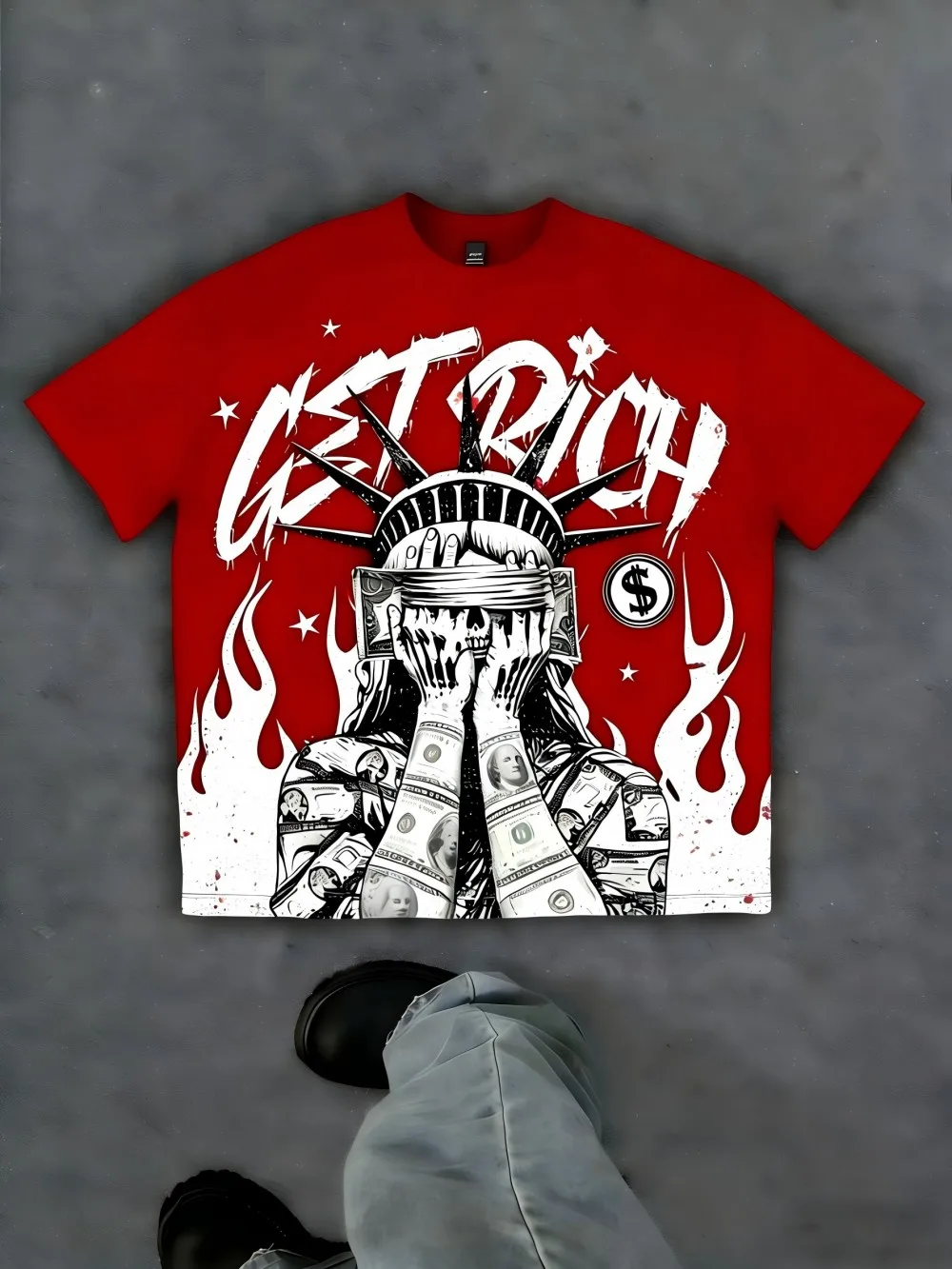 European and American men's summer Statue of Liberty letter print soft and breathable round neck T-shirt outdoor street top - Image 3
