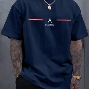 Men's 100% cotton summer loose size comfortable PARIS letter print slim fit casual sports round neck short sleeved T-shirt top