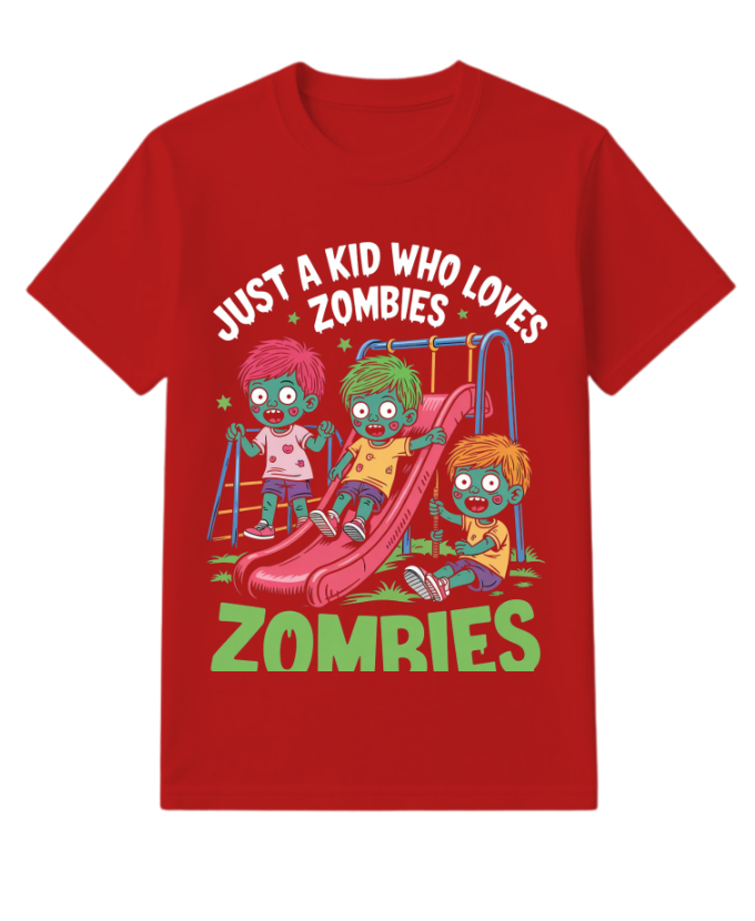 Just A Kid Who Loves Zombies Funny Cartoon T-Shirt - Image 3