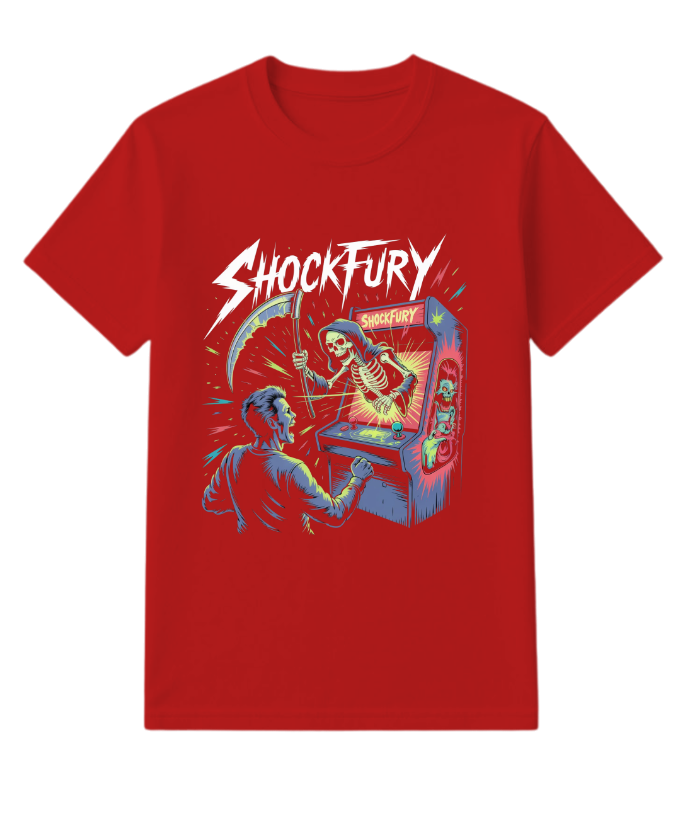Shocktury Retro Arcade Horror Design T-Shirt - Image 3