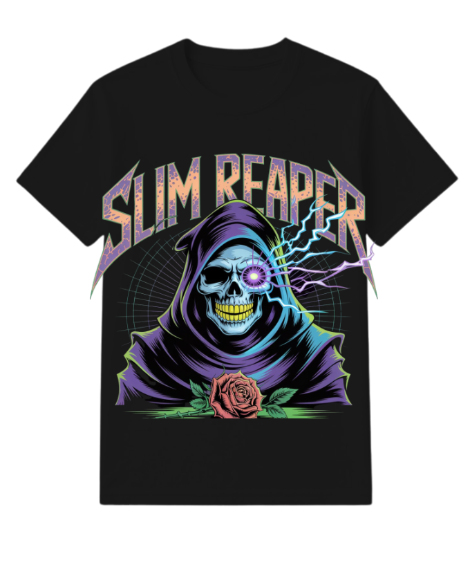 Slim Reaper Grim Reaper Skull With Lightning And Rose Artwork T-Shirt