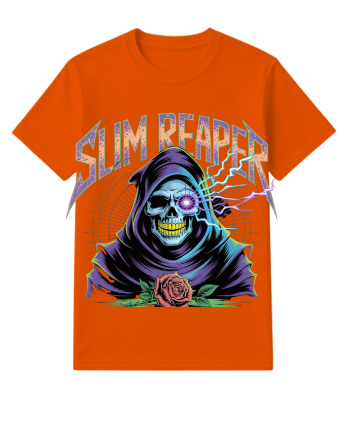 Slim Reaper Grim Reaper Skull With Lightning And Rose Artwork T-Shirt - Image 4
