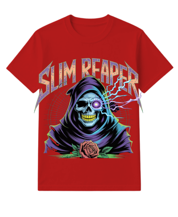 Slim Reaper Grim Reaper Skull With Lightning And Rose Artwork T-Shirt - Image 3