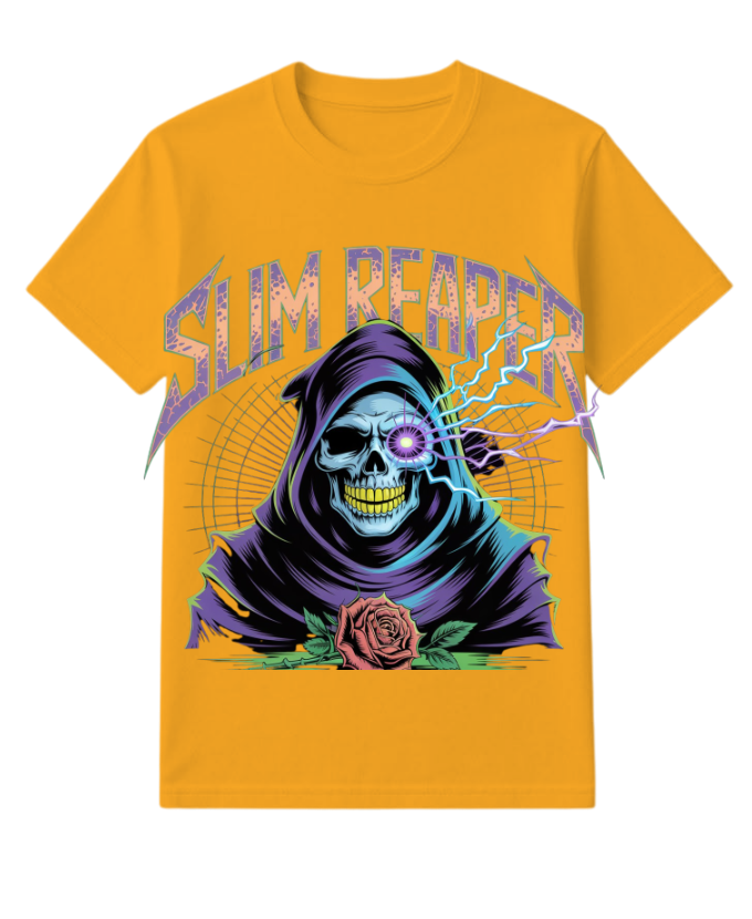 Slim Reaper Grim Reaper Skull With Lightning And Rose Artwork T-Shirt - Image 5