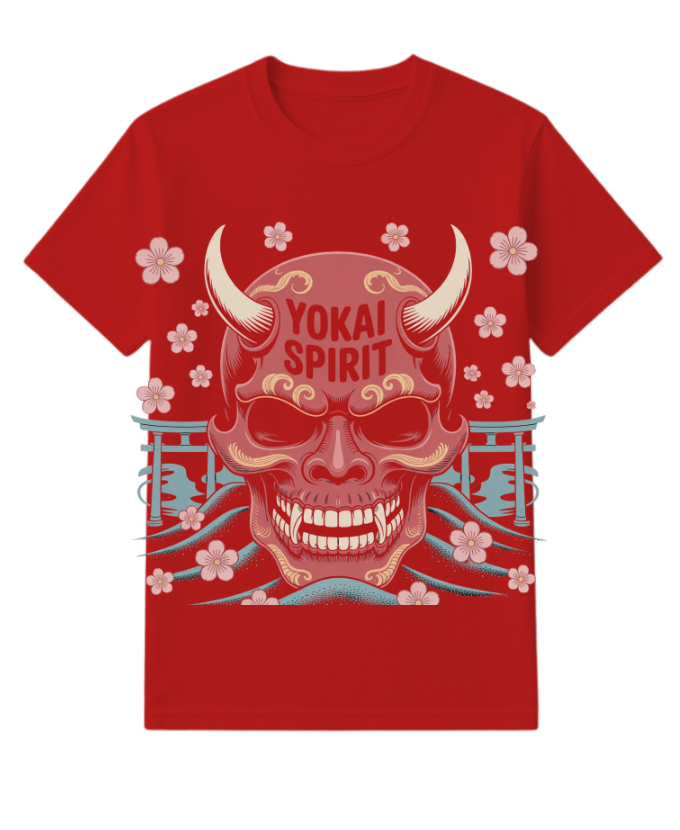 Yokai Spirit Red Demon Mask Japanese Style T-Shirt - Image 3
